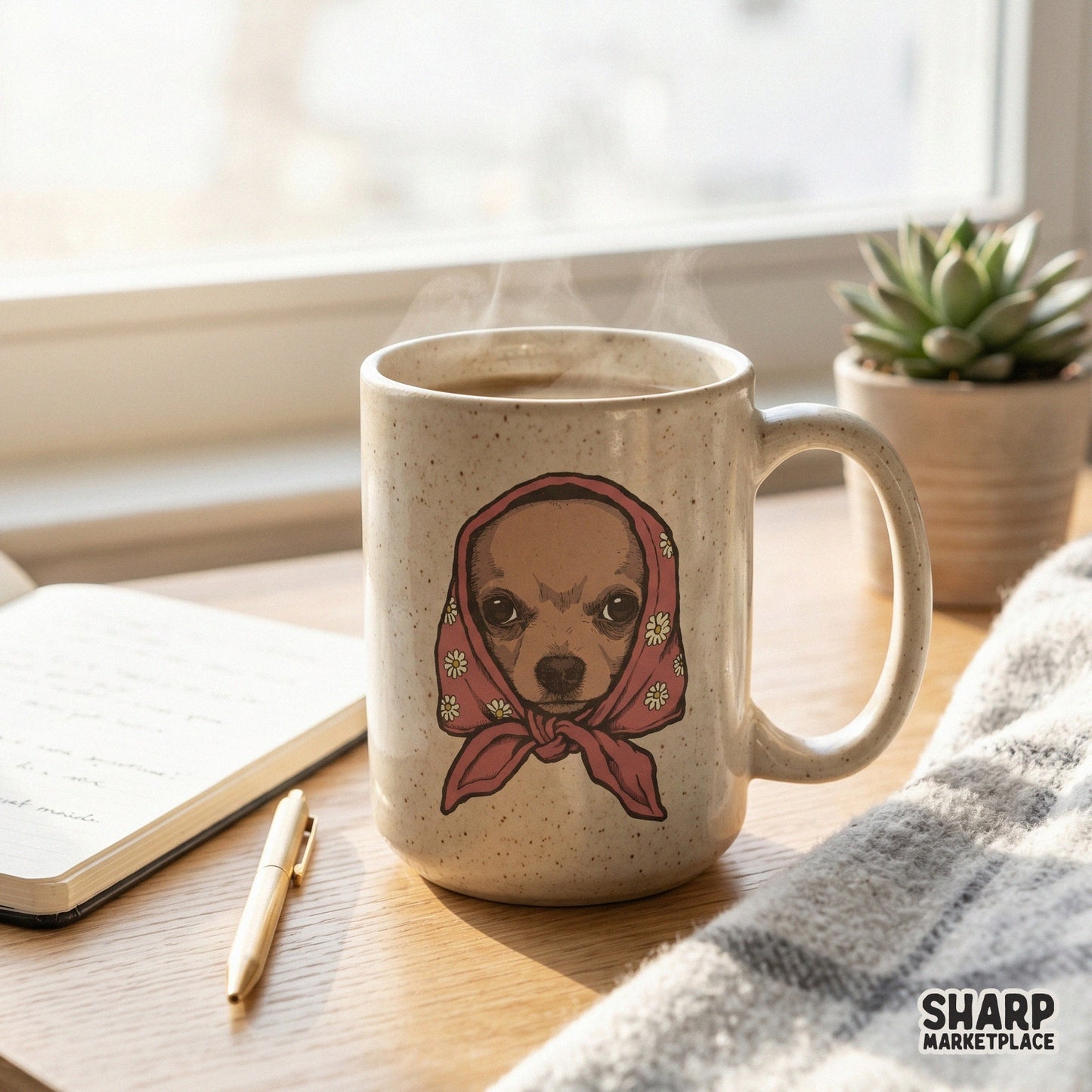 Cute grumpy chihuahua wearing a floral babushka headscarf y2k sublimation shirt png clipart for animal lovers