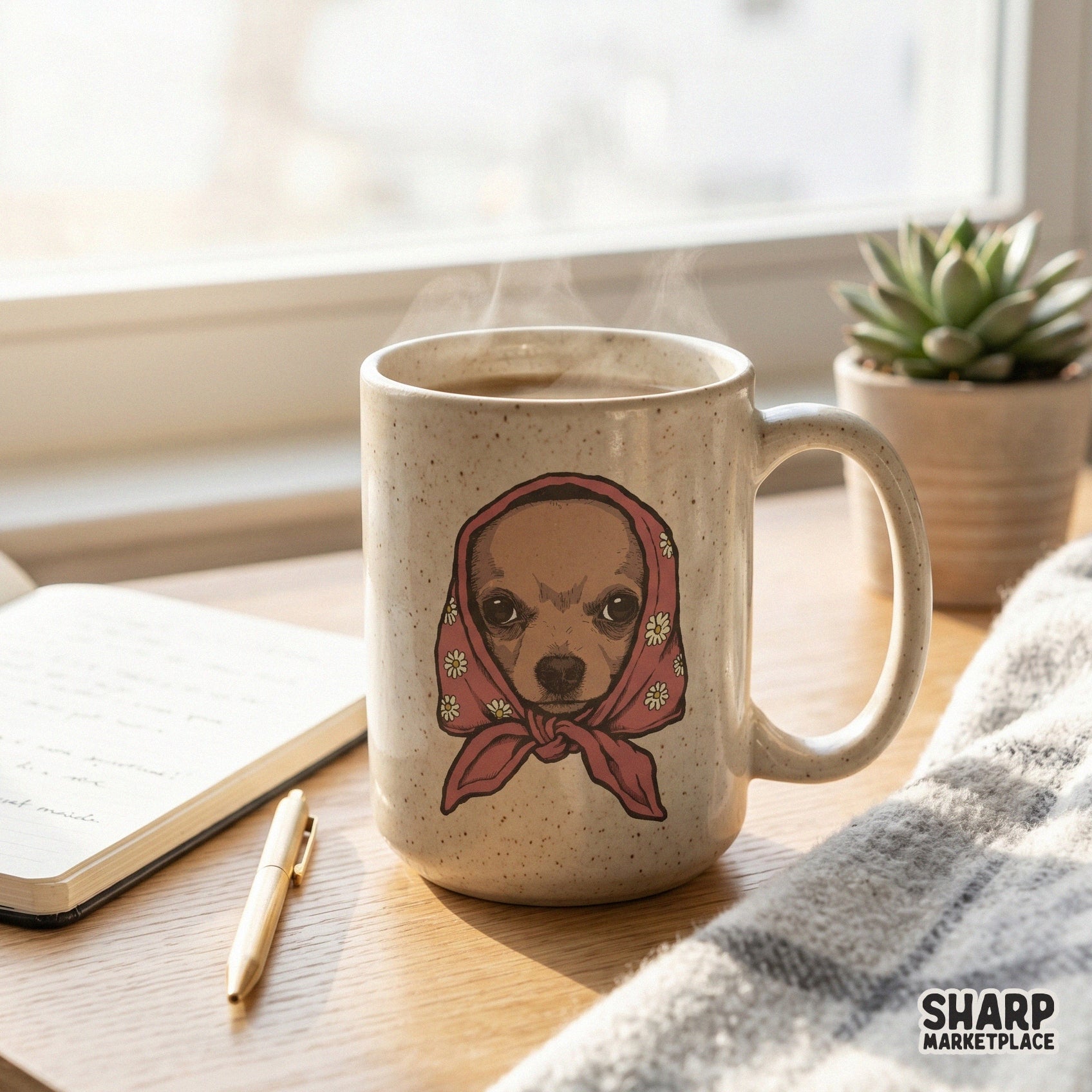 Cute grumpy chihuahua wearing a floral babushka headscarf y2k sublimation shirt png clipart for animal lovers