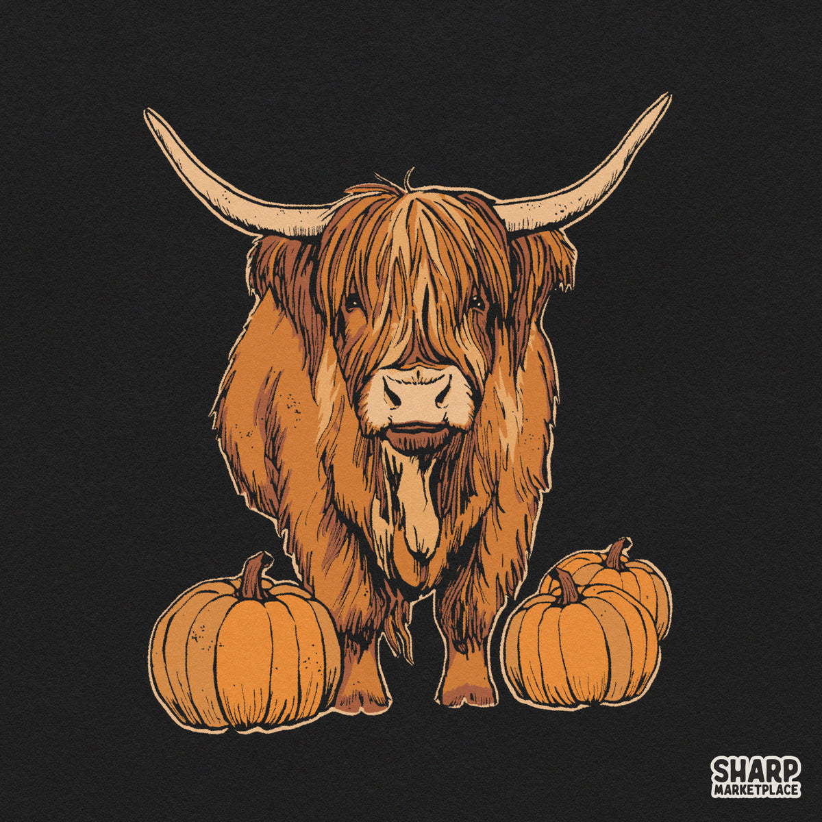 Cute highland cow standing with fall pumpkins for autumn t-shirt sublimation and thanksgiving PNG graphics