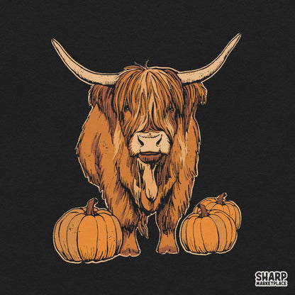 Cute highland cow standing with fall pumpkins for autumn t-shirt sublimation and thanksgiving PNG graphics