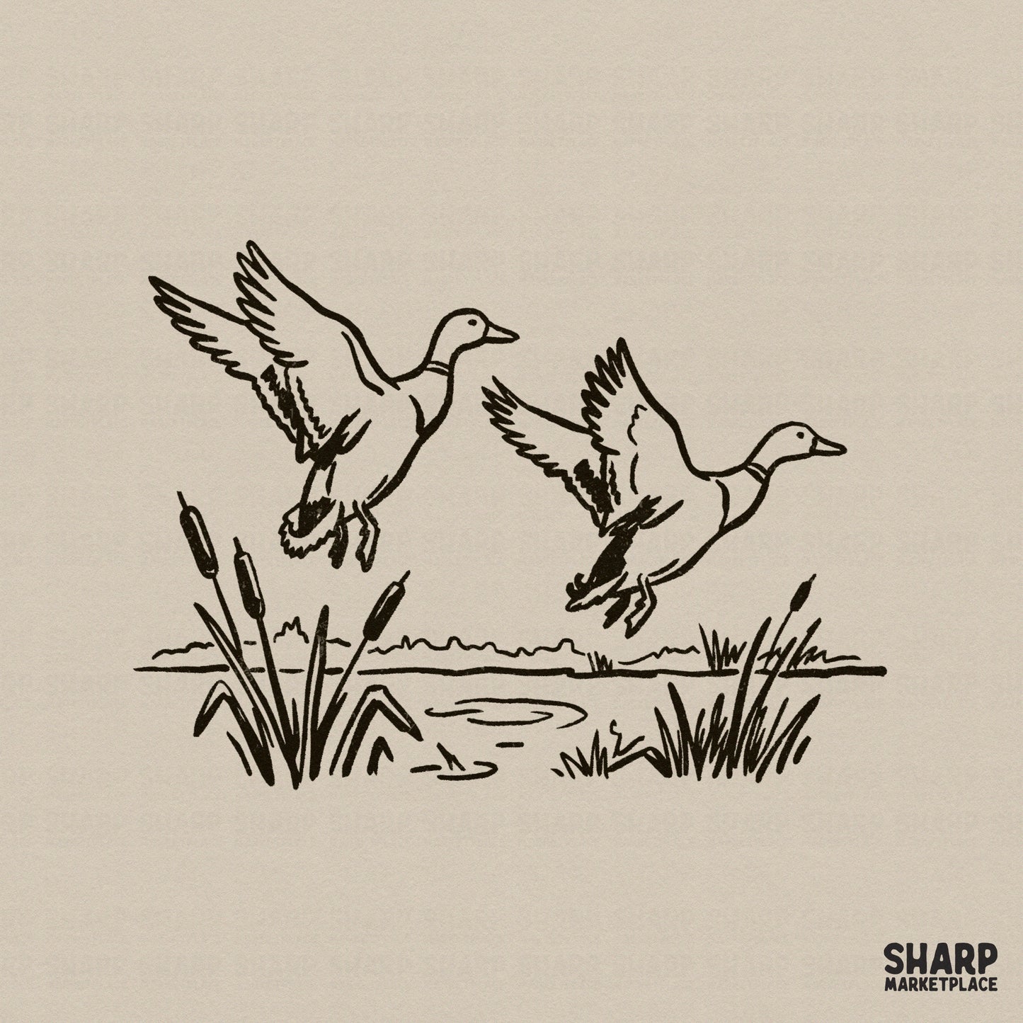 Hand-drawn black ink line art of two ducks flying over a marsh with cattails and reeds, isolated on a neutral background for digital projects.