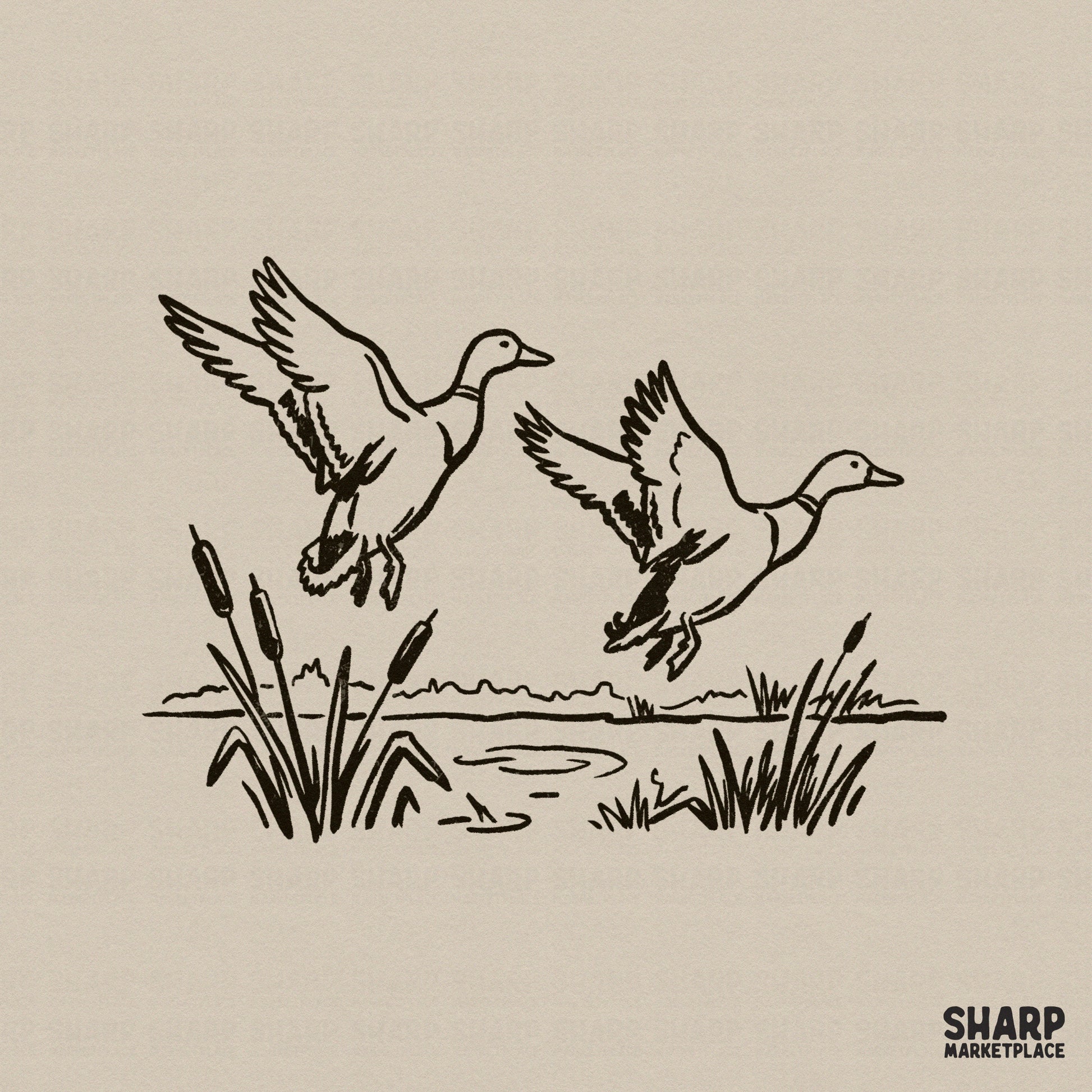 Hand-drawn black ink line art of two ducks flying over a marsh with cattails and reeds, isolated on a neutral background for digital projects.