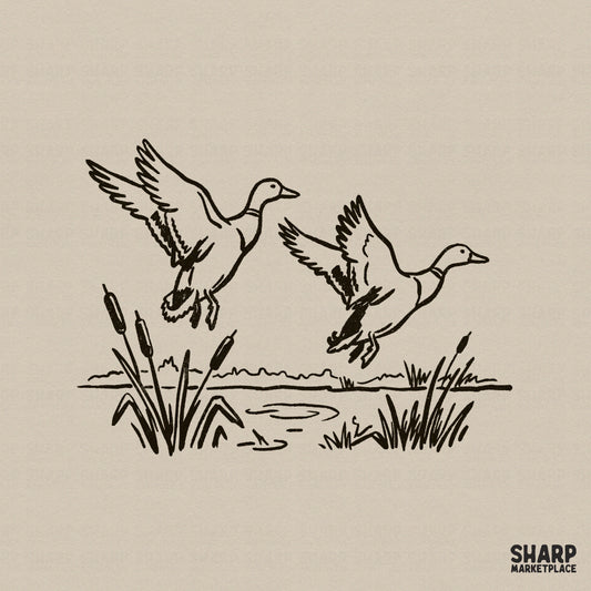 Hand-drawn black ink line art of two ducks flying over a marsh with cattails and reeds, isolated on a neutral background for digital projects.