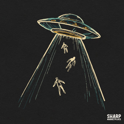 Vintage sci-fi UFO alien abduction graphic design for Halloween t-shirts and spooky season PNG downloads