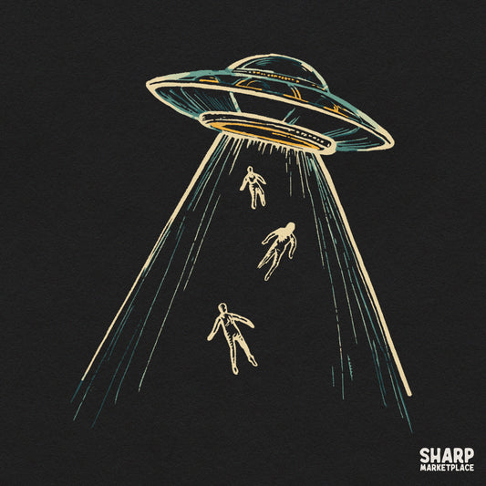 Vintage sci-fi UFO alien abduction graphic design for Halloween t-shirts and spooky season PNG downloads
