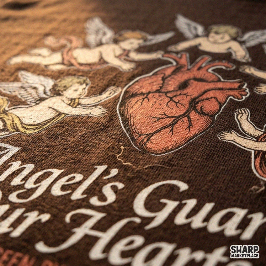 Retro religious guardian angel and heart PNG graphic for faith shirts and Valentine crafts