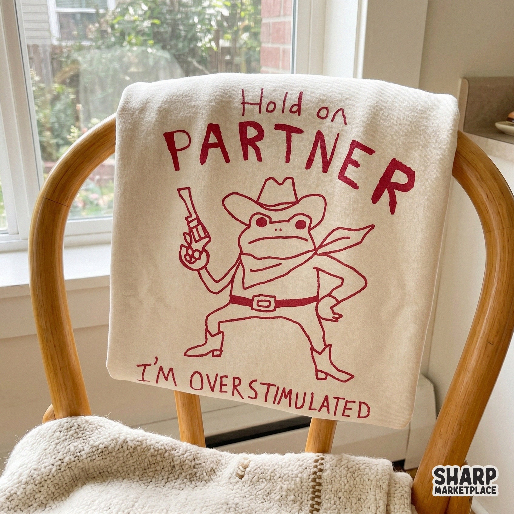 Whimsical western-themed digital design featuring a frog outlaw in red ink, perfect for sublimation printing on t-shirts, tumblers, or stickers.