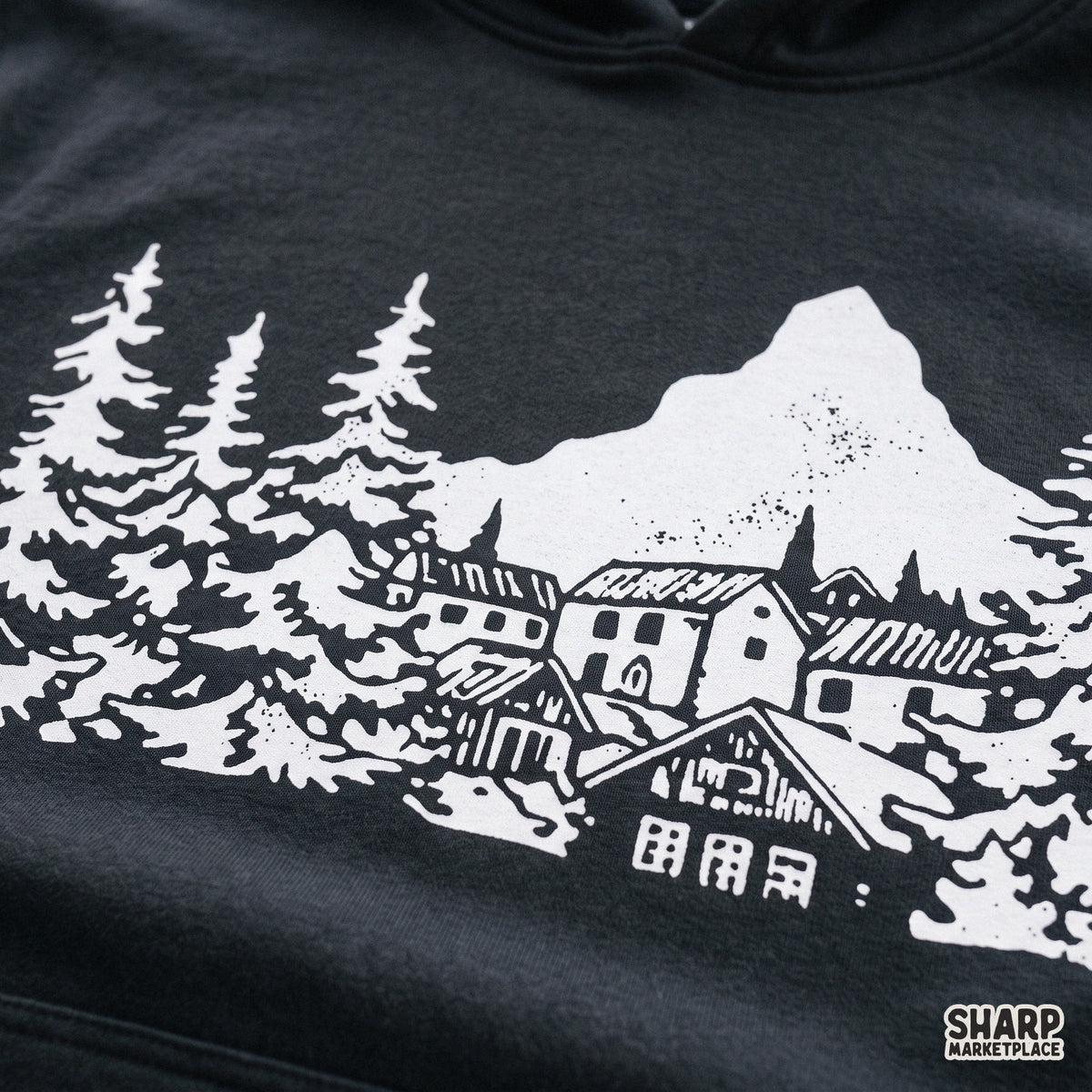 Retro white winter mountain landscape silhouette with cabins and pine trees PNG for t-shirt sublimation and winter crafts