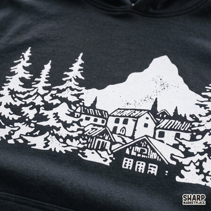 Retro white winter mountain landscape silhouette with cabins and pine trees PNG for t-shirt sublimation and winter crafts