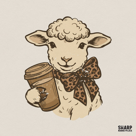 Hand-drawn illustration of a cute fluffy lamb holding a takeaway coffee cup, wearing a stylish leopard print bow tie in a vintage color palette.