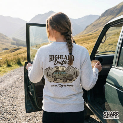 Sublimation design showing a rugged overland vehicle in the mountains with the slogan Every Stop Is Home, perfect for apparel and stickers.