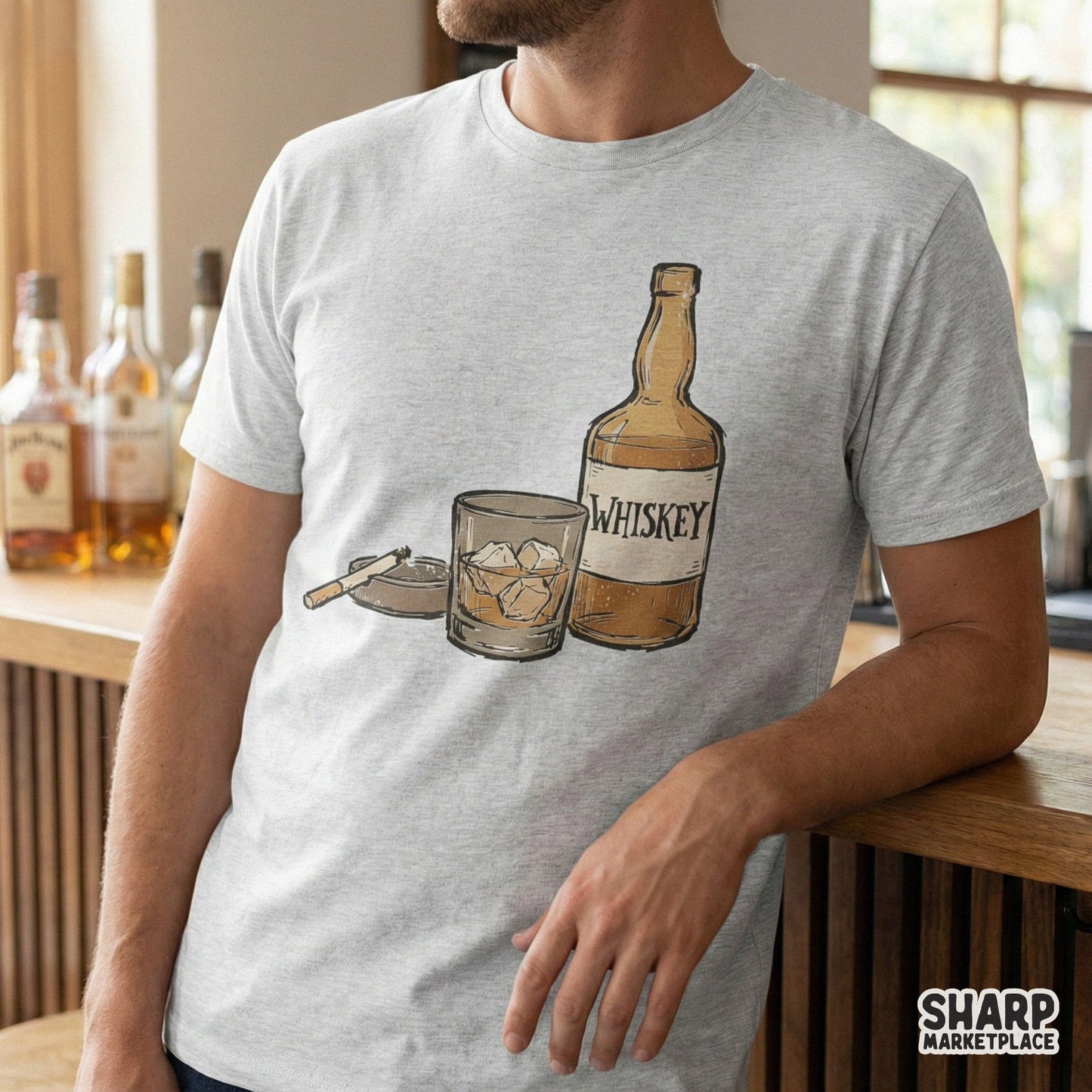 Whiskey Glass PNG, Whiskey Bottle Illustration - 300 DPI Design for T-Shirt