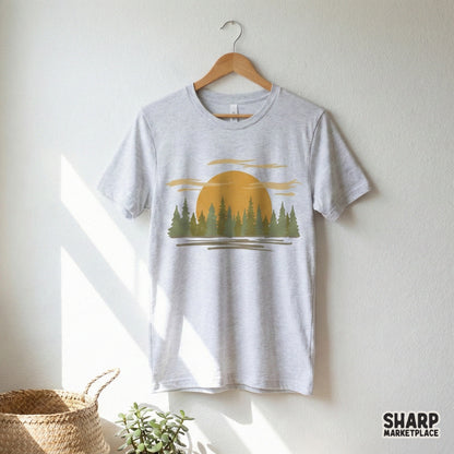 Nature-themed sunset forest graphic with earthy tones and horizontal line accents, suitable for printing on tumblers, apparel, or custom outdoor gear.