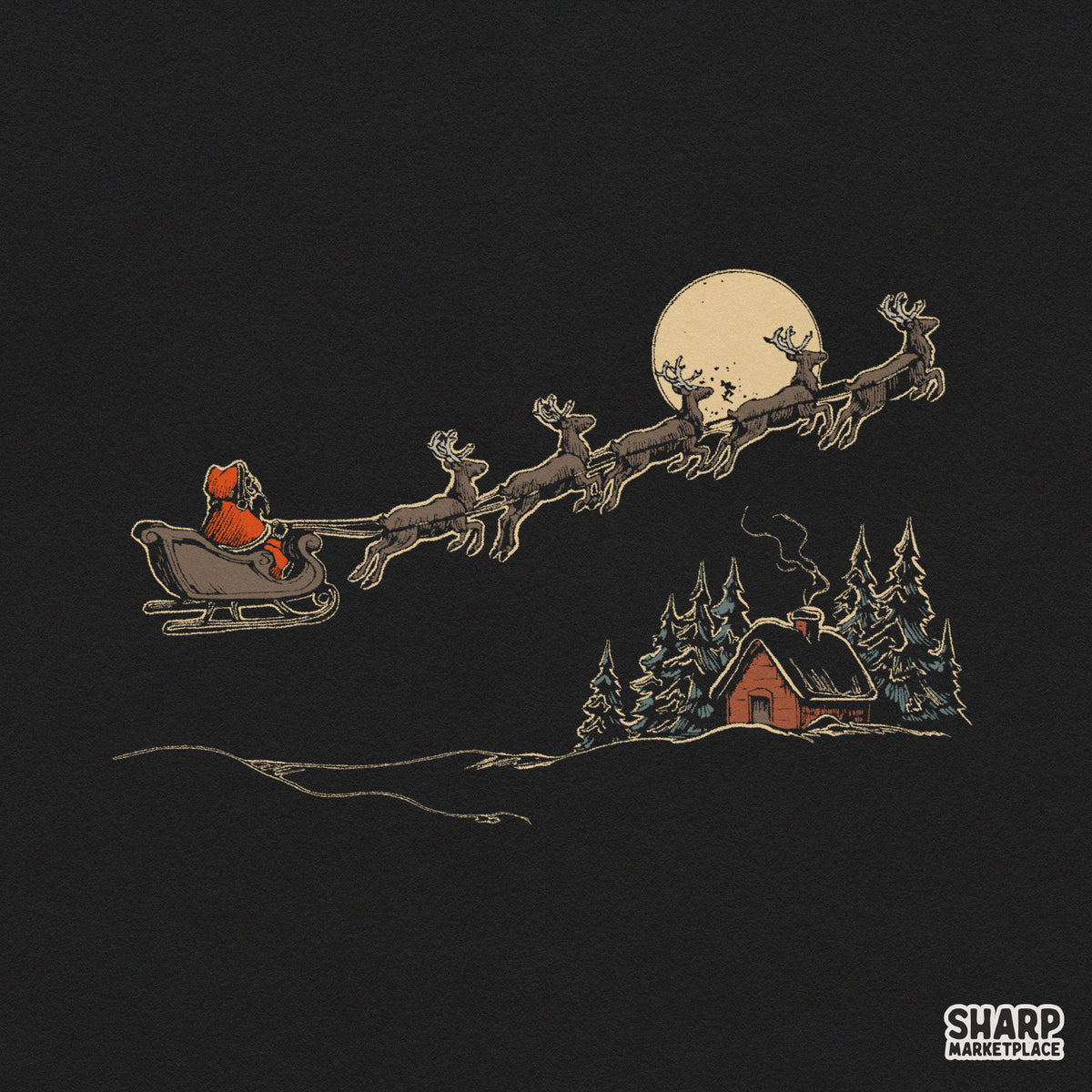 Rustic Moonlit Winter Sleigh Ride Line Art Over Cozy Pine