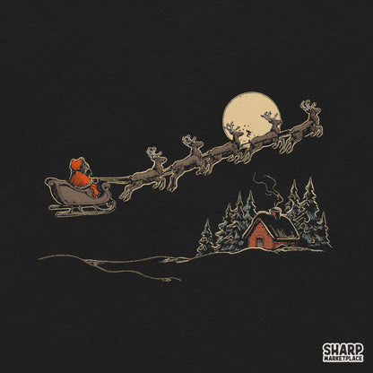 Rustic Moonlit Winter Sleigh Ride Line Art Over Cozy Pine