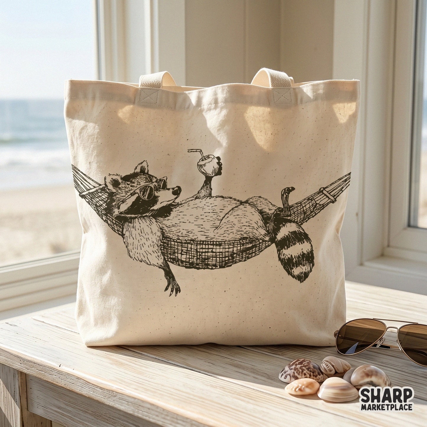 Vintage retro raccoon relaxing in a hammock drinking coconut, summer shirt design png for beach cruise sublimation