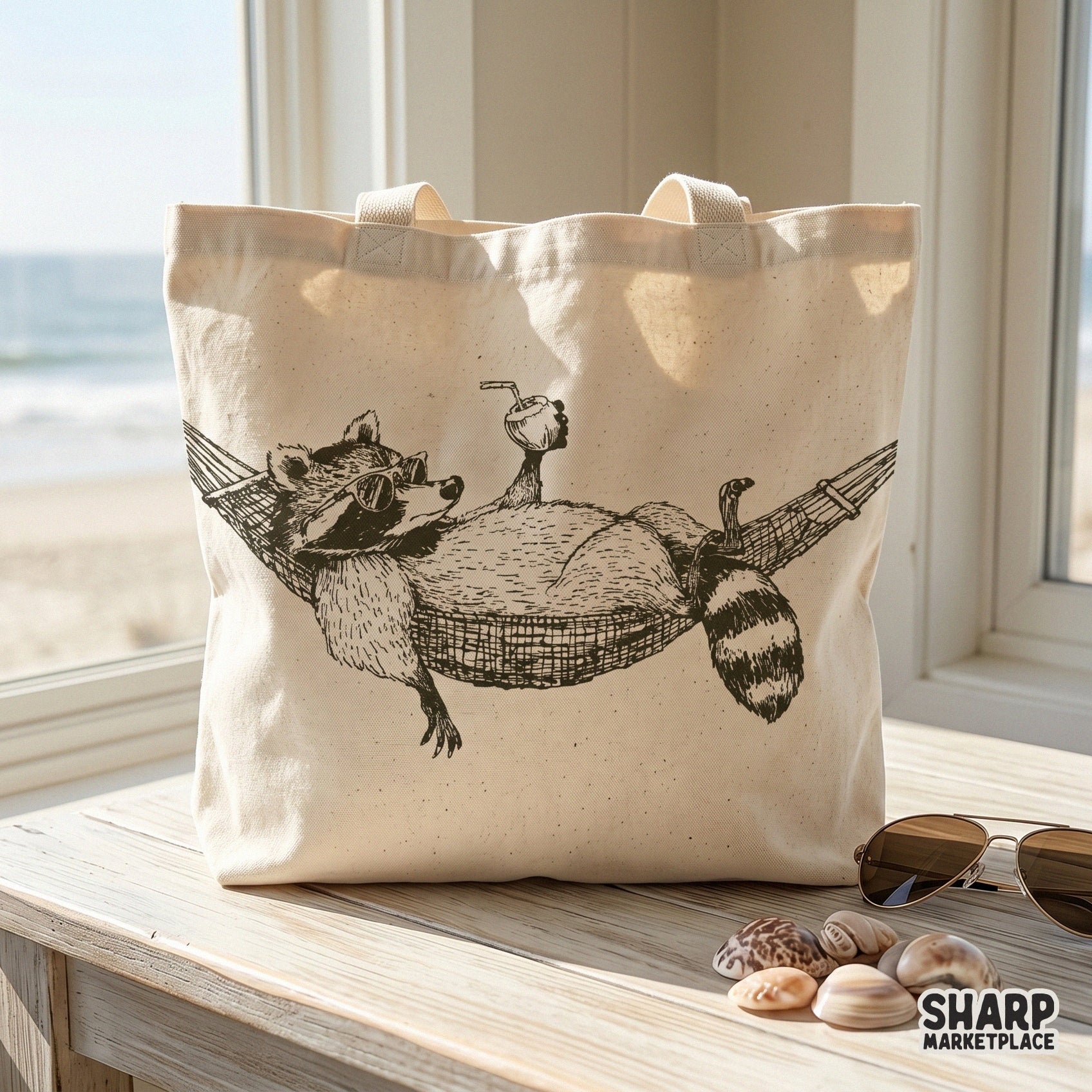 Vintage retro raccoon relaxing in a hammock drinking coconut, summer shirt design png for beach cruise sublimation
