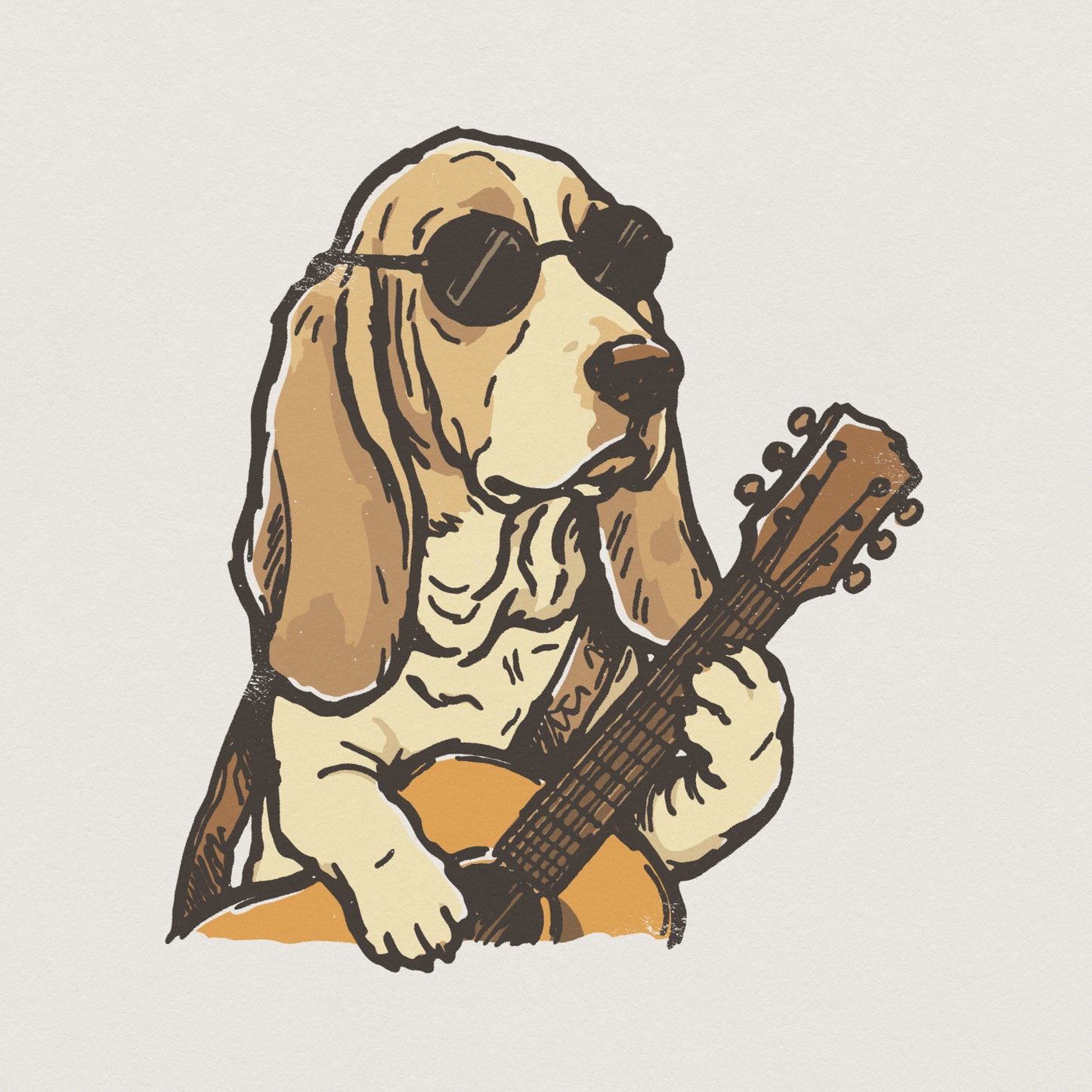 Vintage style illustration of a cool basset hound wearing round sunglasses and playing an acoustic guitar, perfect for retro t-shirt sublimation.