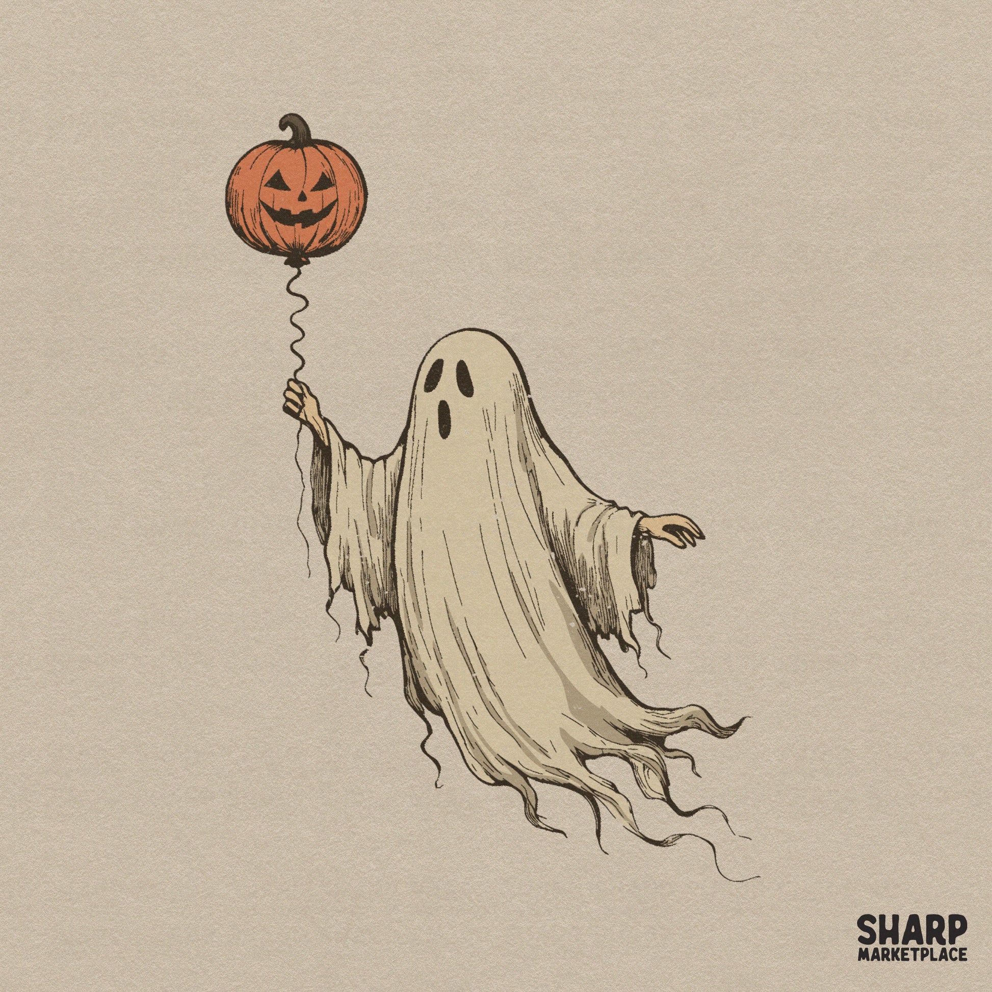 Cute floating Halloween ghost holding a jack o lantern pumpkin balloon for spooky season sublimation and apparel designs