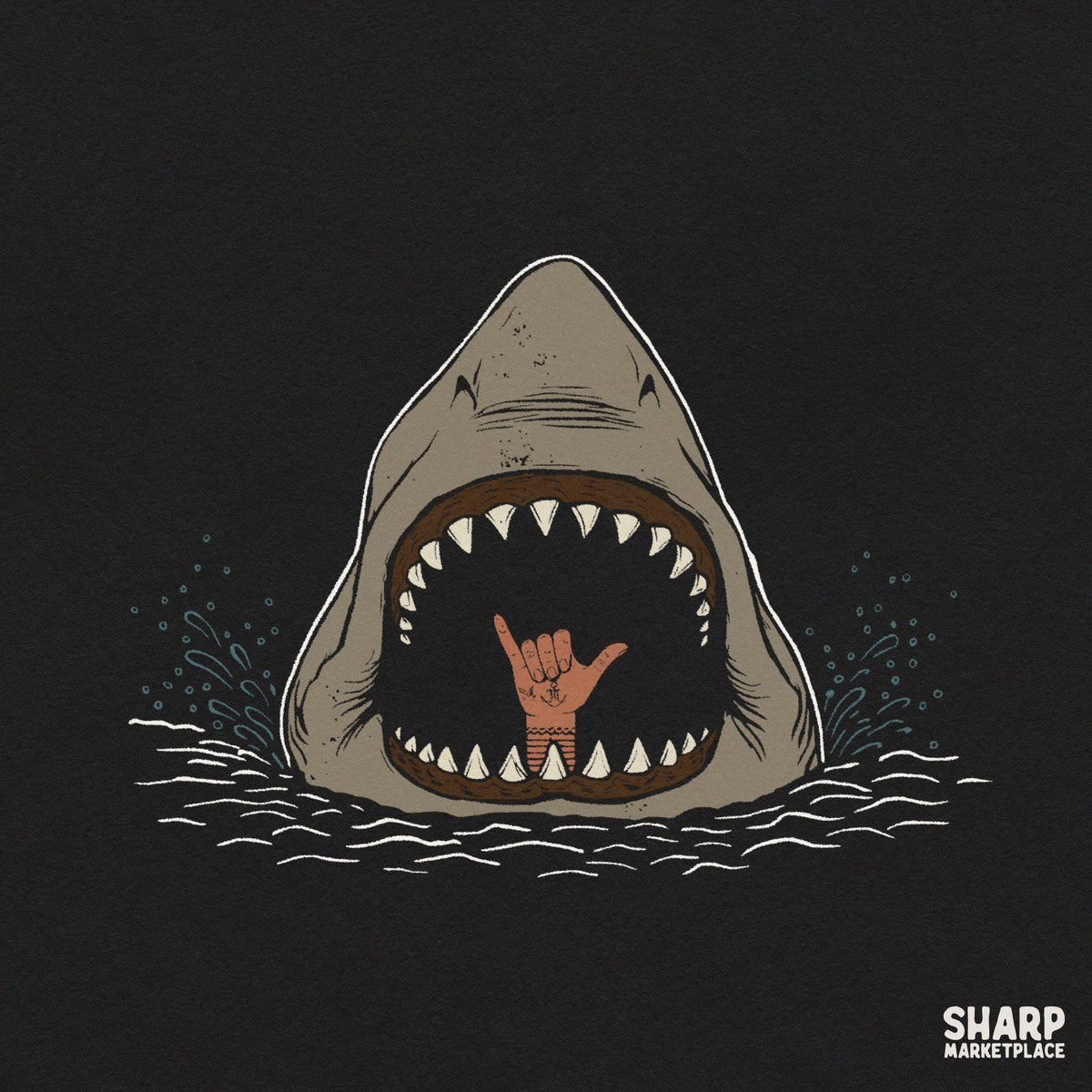Funny great white shark giving a hang loose shaka sign, ideal summer beach shirt PNG design for sublimation