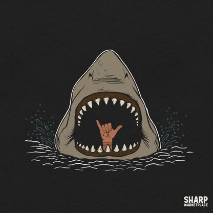 Funny great white shark giving a hang loose shaka sign, ideal summer beach shirt PNG design for sublimation