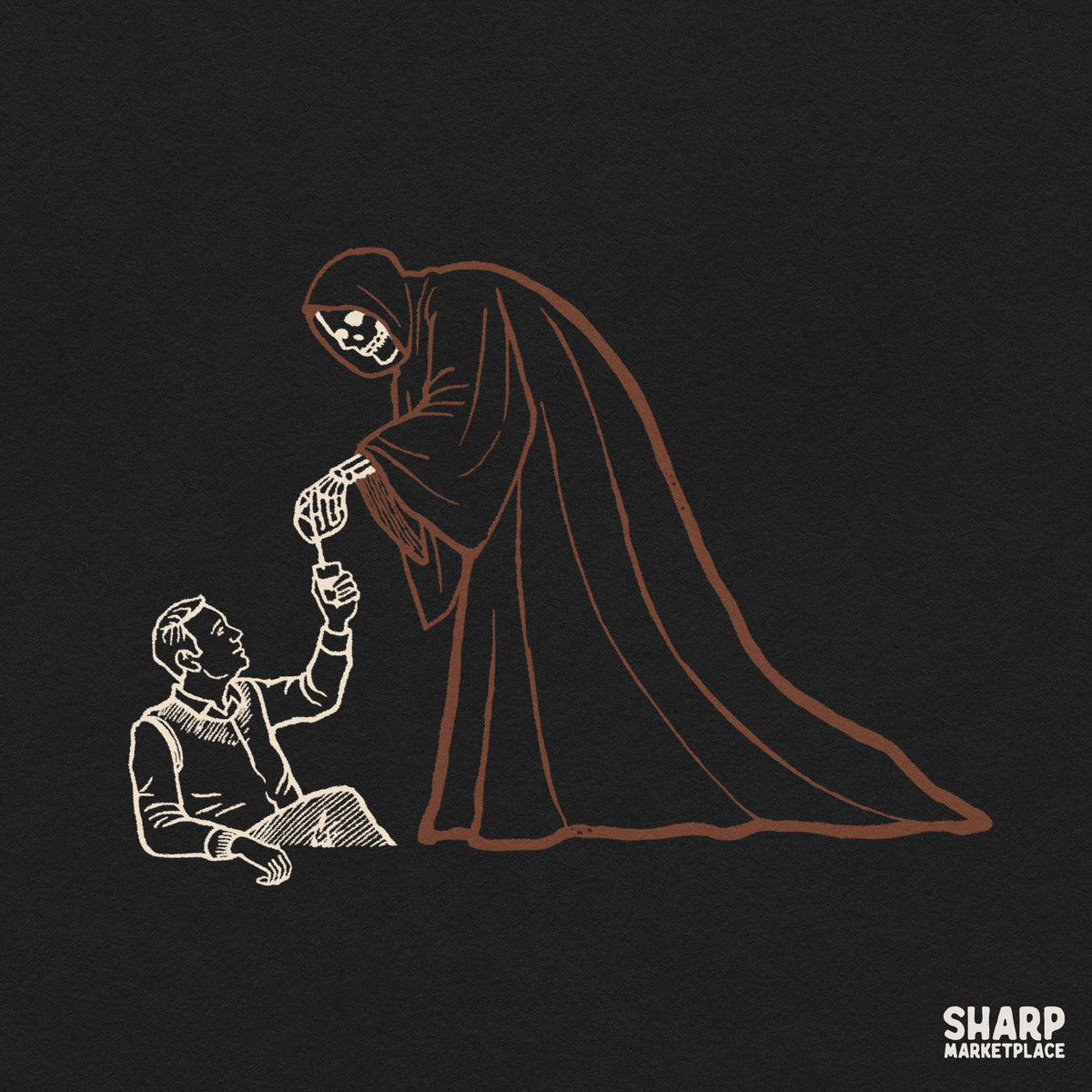 Sarcastic line art illustration of the Grim Reaper handing coffee to a tired man, funny dark humor PNG print for t-shirts