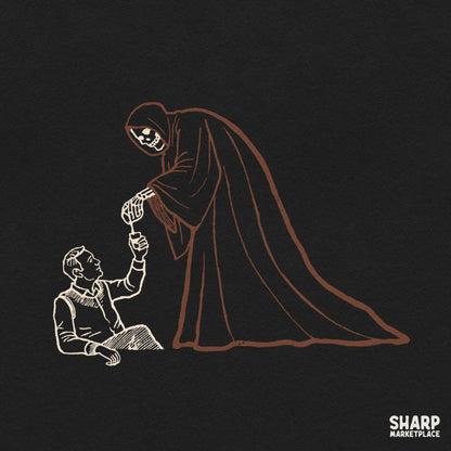 Sarcastic line art illustration of the Grim Reaper handing coffee to a tired man, funny dark humor PNG print for t-shirts