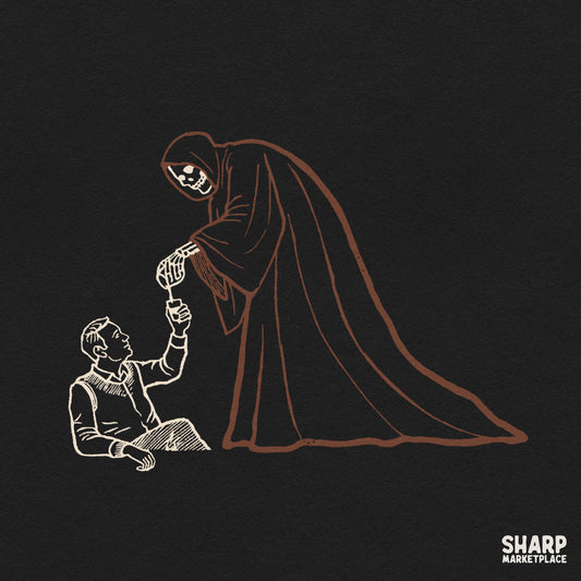 Sarcastic line art illustration of the Grim Reaper handing coffee to a tired man, funny dark humor PNG print for t-shirts
