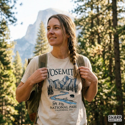 Retro Yosemite National Park California graphic with western bear and camping aesthetic for t-shirt printing