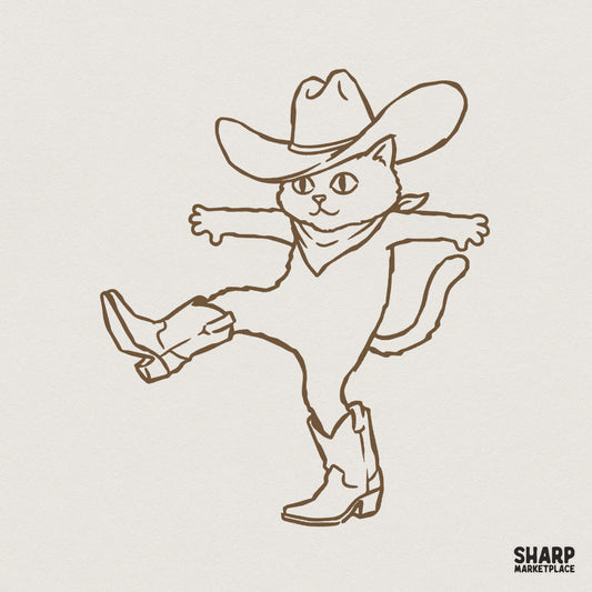 Minimalist brown line art of a dancing cat wearing a cowboy hat, bandana, and boots, isolated on a light background for digital crafting.