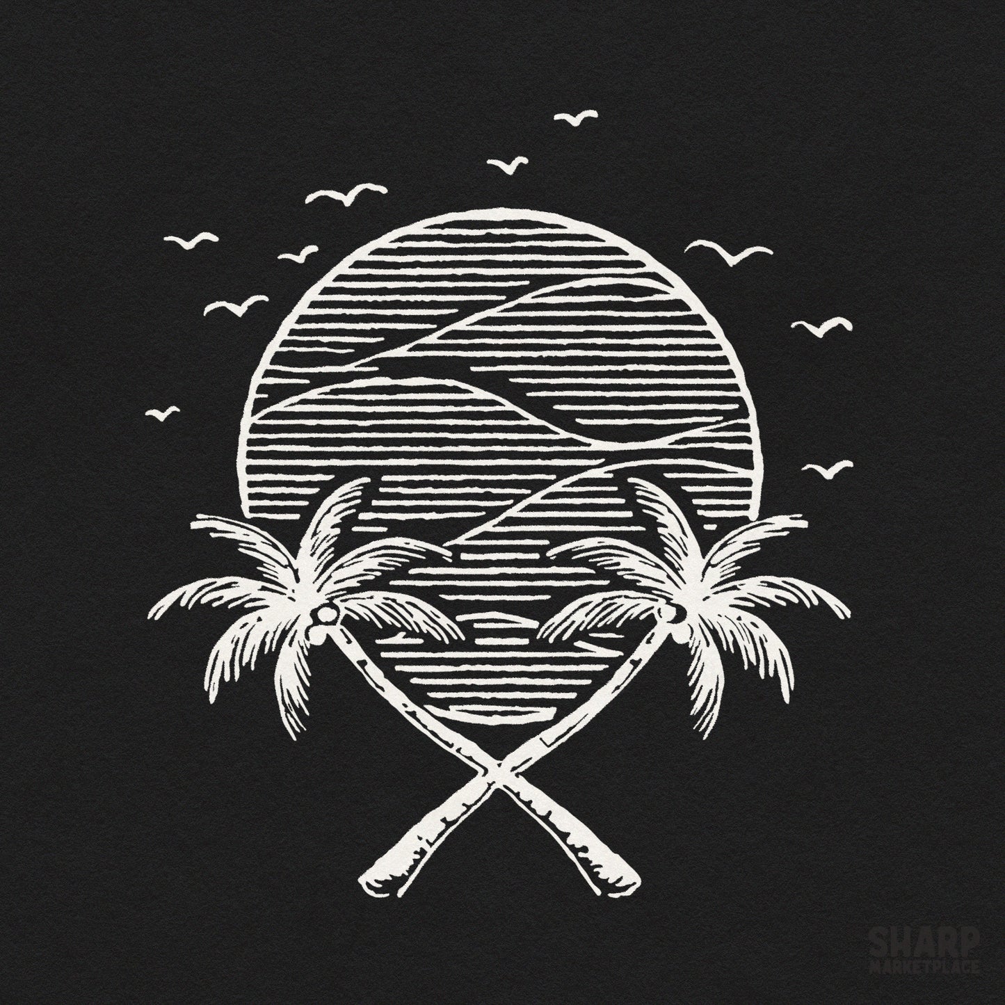 Monochrome sunset circle with crossed tropical trees summer png trendy beach retro cruise girls trip custom shirt art design