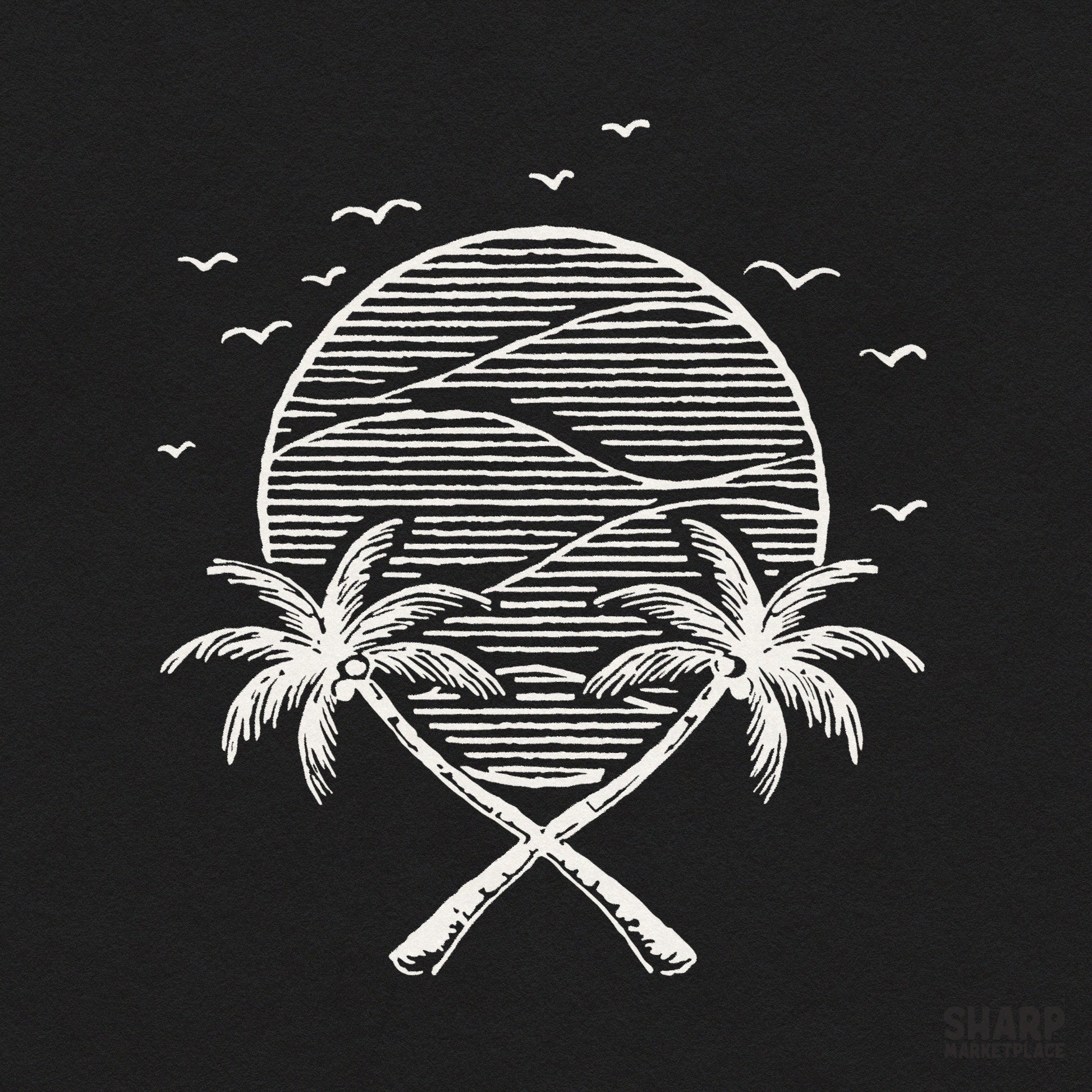 Monochrome sunset circle with crossed tropical trees summer png trendy beach retro cruise girls trip custom shirt art design