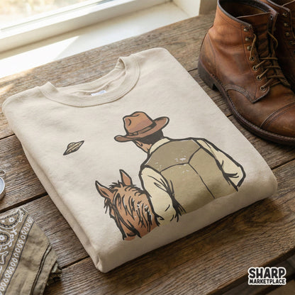 Western Cowboy and UFO PNG, Alien Encounter Digital Design - 300 DPI