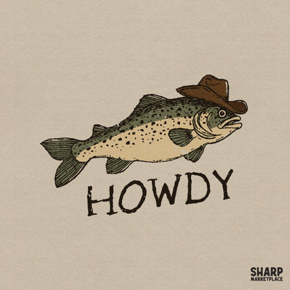 Speckled rainbow trout wearing a brown cowboy hat with the word Howdy in rustic block lettering, isolated on a neutral background for digital projects.