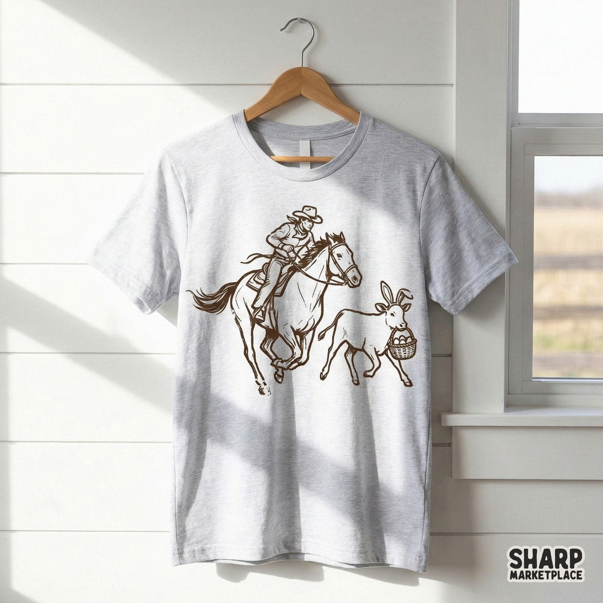 Detailed western style illustration of a cowboy on horseback and a calf with bunny ears and an egg basket, ideal for sublimation and apparel printing.