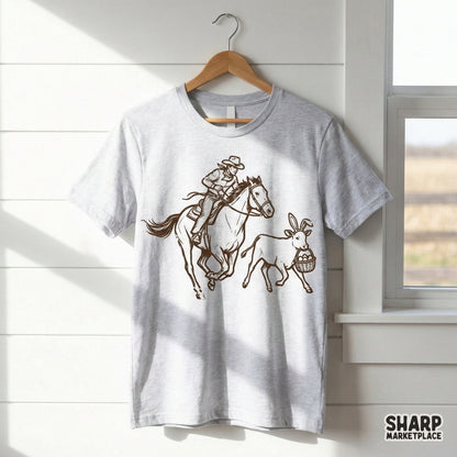 Detailed western style illustration of a cowboy on horseback and a calf with bunny ears and an egg basket, ideal for sublimation and apparel printing.