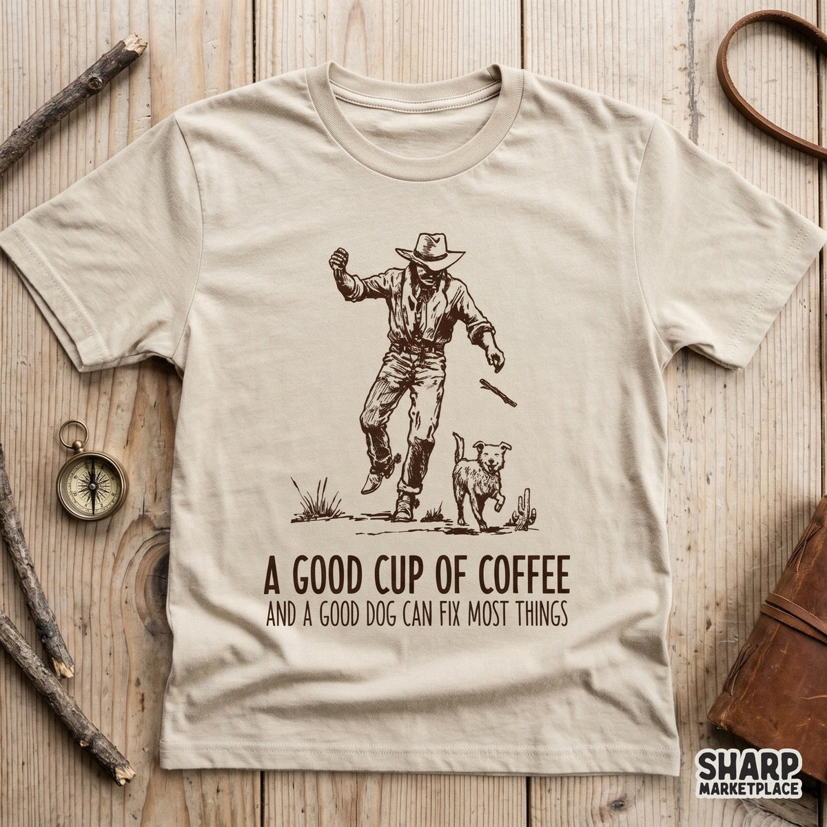 Western themed digital design featuring a cowboy playing with his dog, paired with rustic typography for coffee and dog lovers on a t-shirt mockup.
