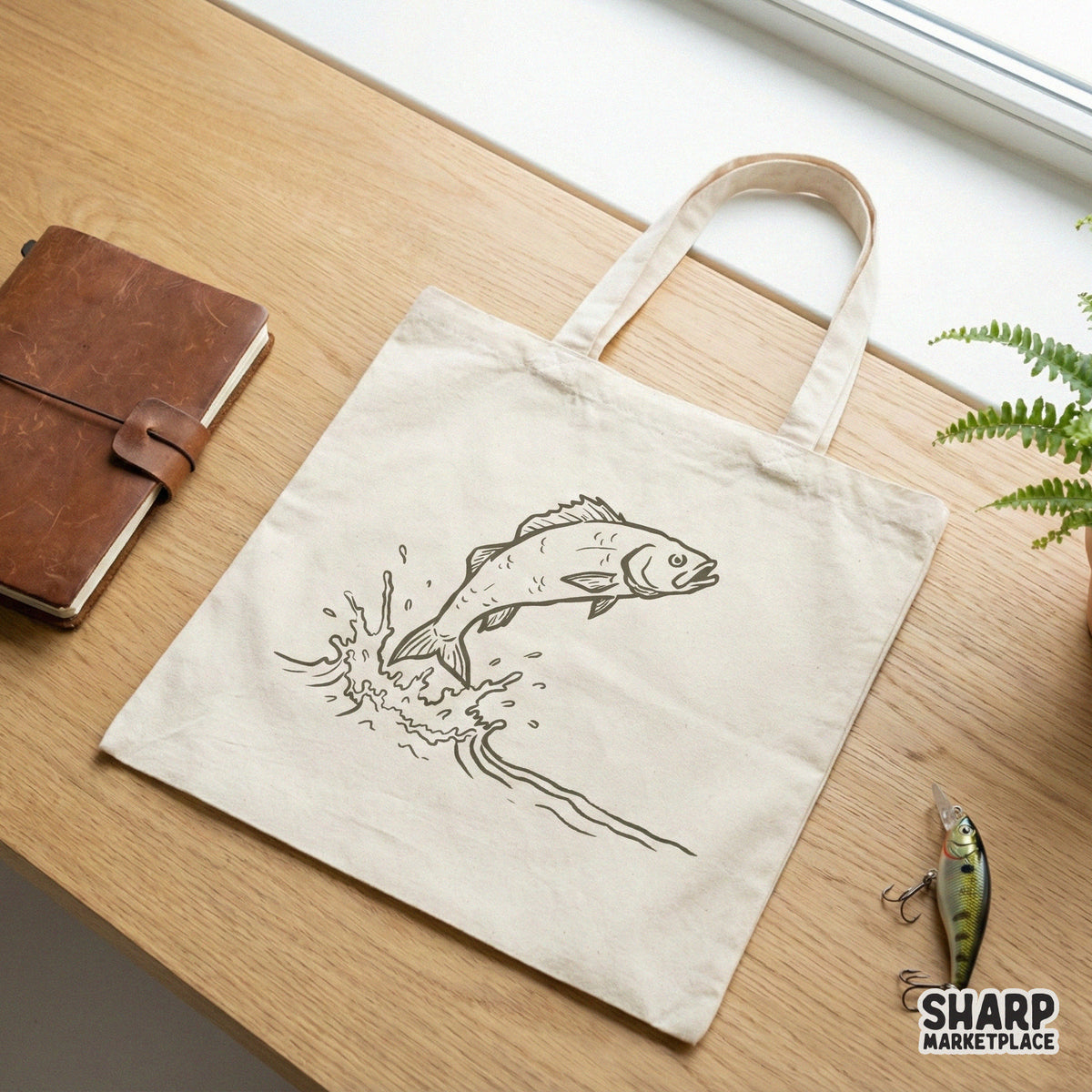 Rustic brown line art of a leaping bass fish with water splash, displayed on a canvas tote bag mockup for custom fishing gear and apparel design.
