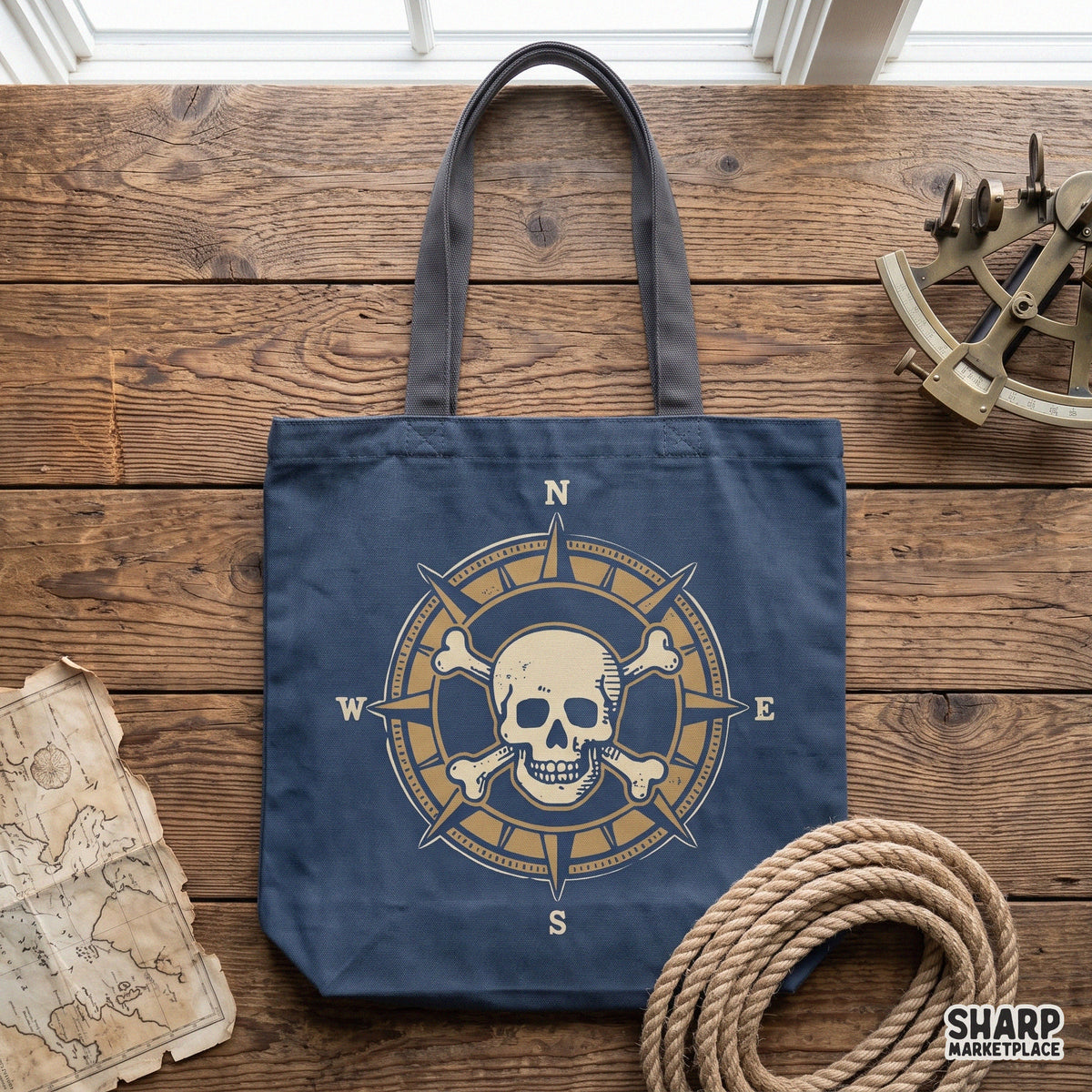 Retro pirate compass rose with skull and crossbones PNG design for nautical summer beach shirts and sublimation art