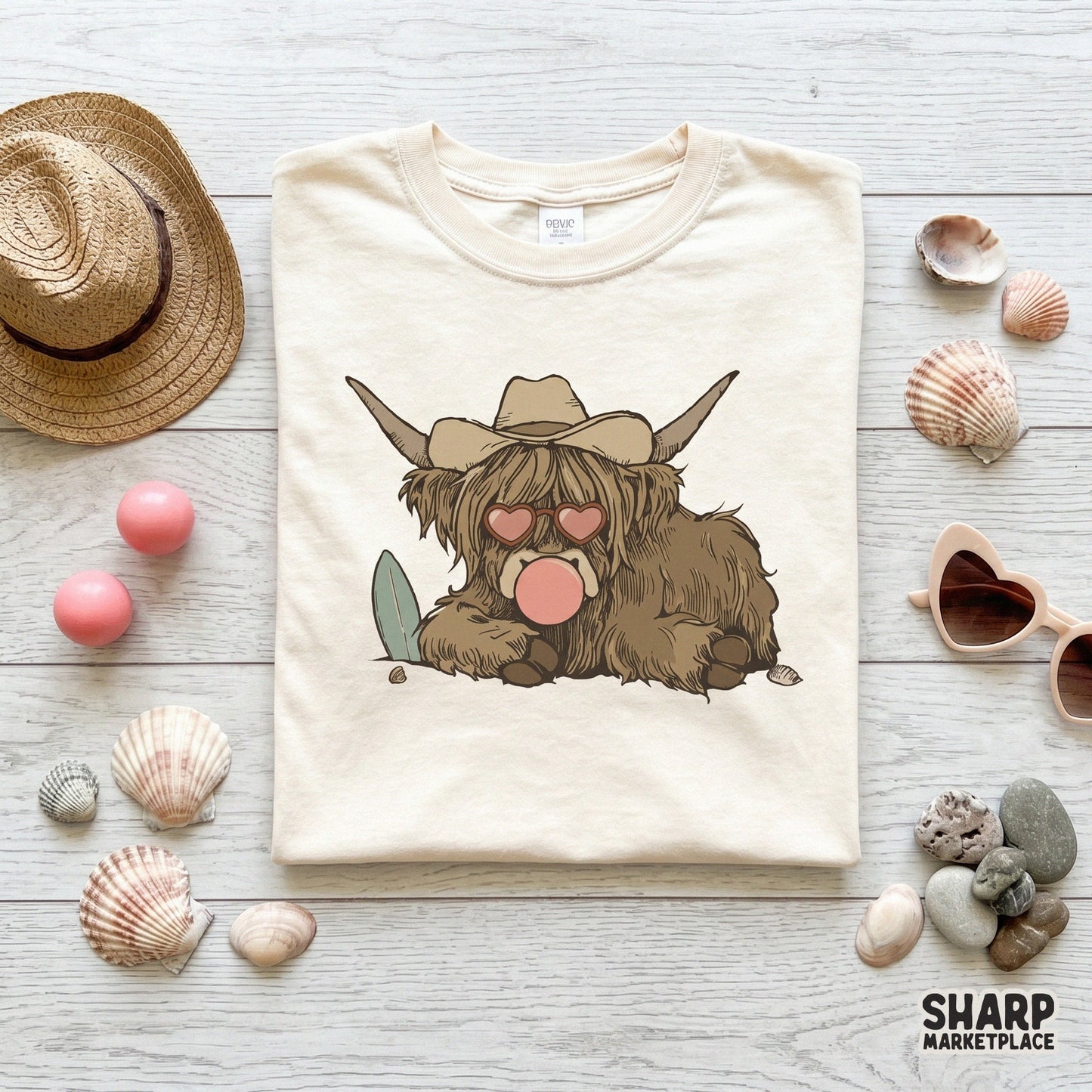 Trendy western-style highland cow graphic featuring a surfboard and heart sunglasses, designed for sublimation transfers and DIY summer projects.