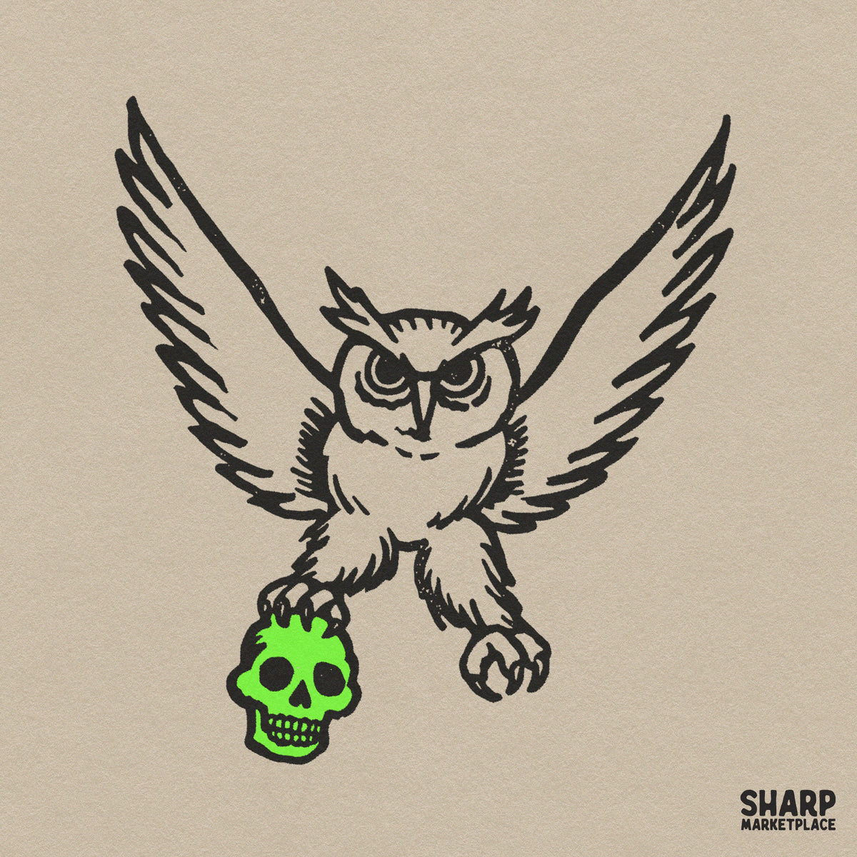 Fierce owl carrying a glowing green skull in its talons for spooky season shirts and gothic streetwear sublimation PNG