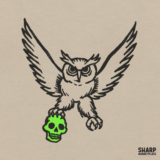 Fierce owl carrying a glowing green skull in its talons for spooky season shirts and gothic streetwear sublimation PNG