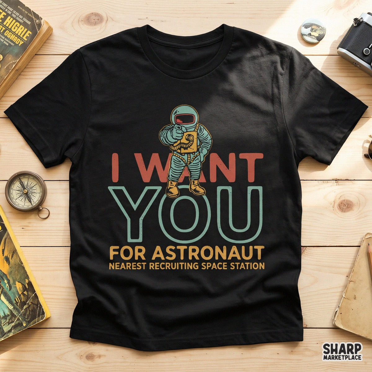 Retro sci-fi astronaut recruiting poster PNG shirt design featuring cosmic propaganda space station humor for sublimation