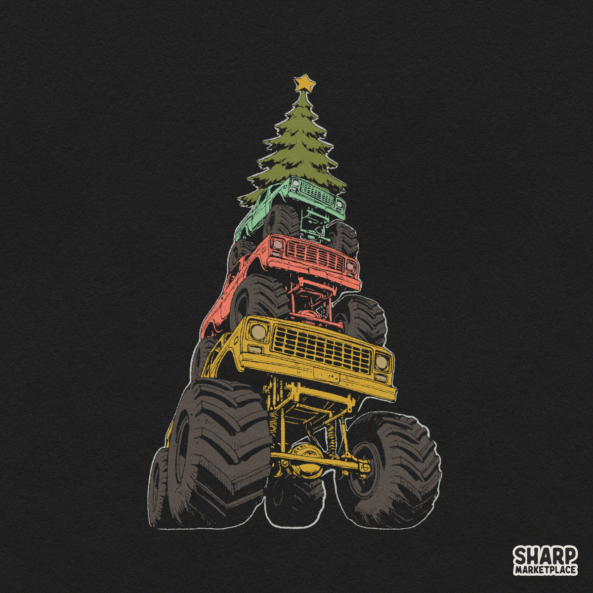 Monster Trucks Stacked Holiday Tree Art, Retro Christmas