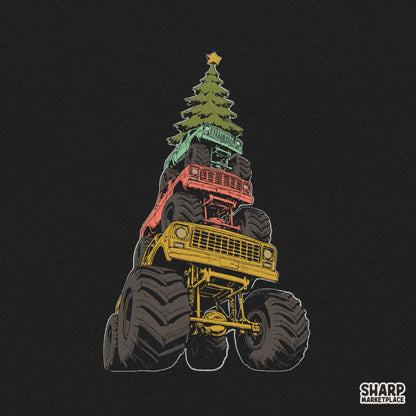 Monster Trucks Stacked Holiday Tree Art, Retro Christmas