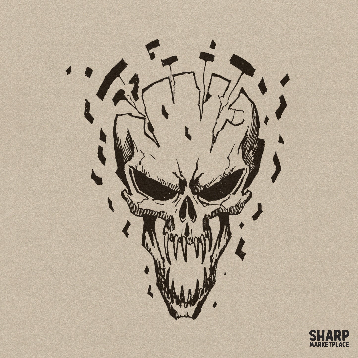 Shattered edgy skull head in a dark grunge aesthetic style for Halloween PNG shirts and spooky season decor