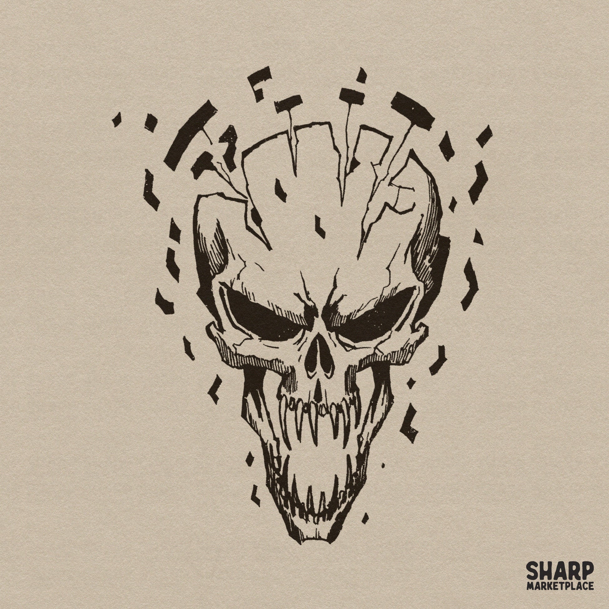 Shattered edgy skull head in a dark grunge aesthetic style for Halloween PNG shirts and spooky season decor