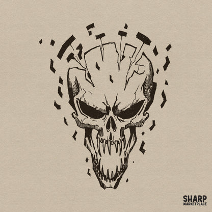 Shattered edgy skull head in a dark grunge aesthetic style for Halloween PNG shirts and spooky season decor