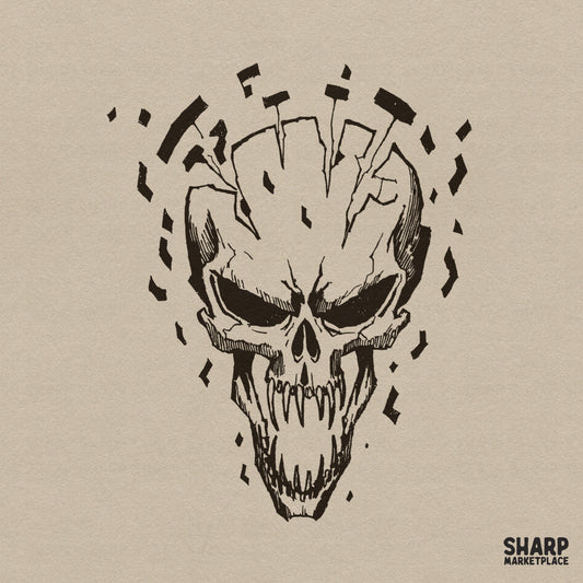 Shattered edgy skull head in a dark grunge aesthetic style for Halloween PNG shirts and spooky season decor