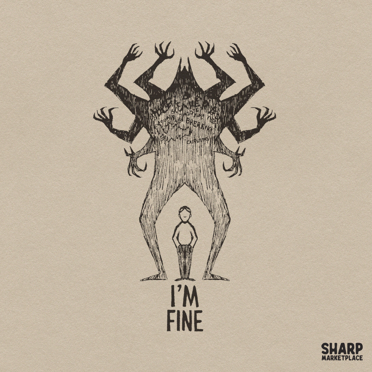 I'm Fine Anxiety Monster Shadow Sketch, Trendy PNG Shirt